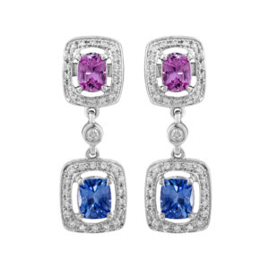 Halo set pink & blue sapphire drop earrings