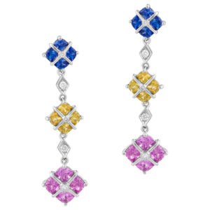 Blue, pink and yellow sapphire and diamond earrings set in 18k whit gold