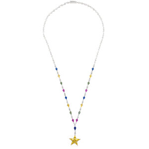 Multi colored sapphire necklace set in 18k white gold with single yellow sapphire star pendant,