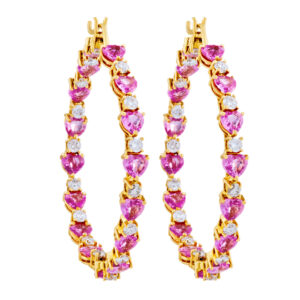 Pink sapphires and diamond  hoop earrings set in 18k yellow gold