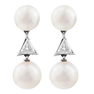 Pearl drop earrings in 18k white gold with single trillion station, 9-10.5 mm pearls