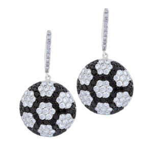 Flower disc black and white diamond earrings in 18k white gold. 6.00 carats