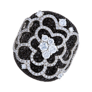 Black & white diamond flower rnig in 18k white gold