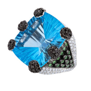 Blue topaz ring with green garnet, black and white diamonds