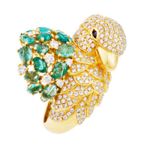 Love bird ring with white pave diamonds and emeralds