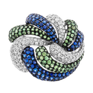 Flower petal ring in diamonds, sapphires and green garnets in 18k white gold