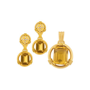 Citrine and diamond earrings and pendant set in 18k