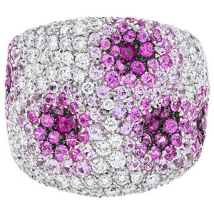 Pink sapphire & diamond pave ring in 18k white gold. 3.98cts (F-G, V-S) in dia's