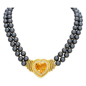 Heart Shaped Citrine necklace in 18k with approx 2 carats in diamonds with hematite beads