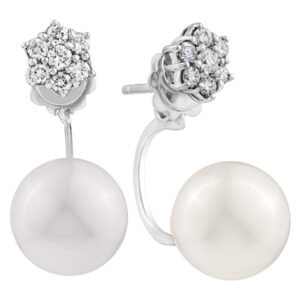 Pearl in and out earrings with diamonds in 18K white gold. 0.46 carats