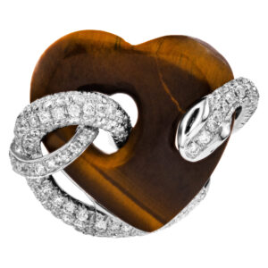 Tiger eye & black diamond ring in 14K white gold