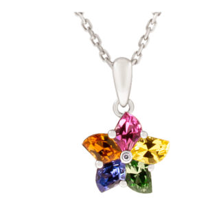 Colorful star sapphire & dia necklace in 18k white gold. 1.94cts in multi sapphires