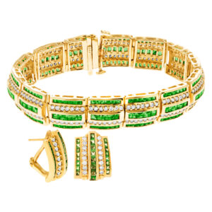 Tsavorite & diamond bracelet & earring set in 14k