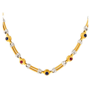 Lovely 18k yellow and white gold necklace studded with rubies and sapphires.