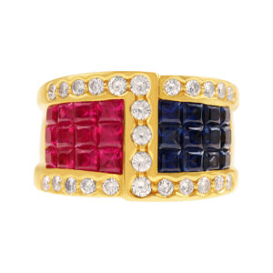 Sapphire, ruby & diamond ring in 18k yellow gold.