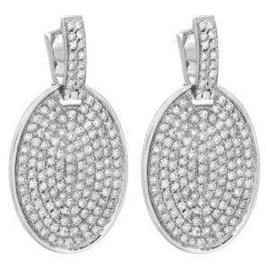 Pave diamond disc drop earrings in 18k white gold. 7.0 carats (F-G color, VS2-SI)