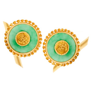 Asian style cufflinks with green jade inserts in 10k yellow gold