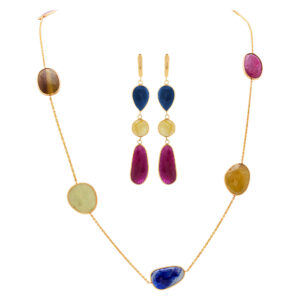 Multi colored sapphire necklace and earrings in 14k yellow gold