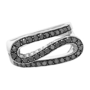 Waves of white and black diamonds ring in 18k white gold. Size 8