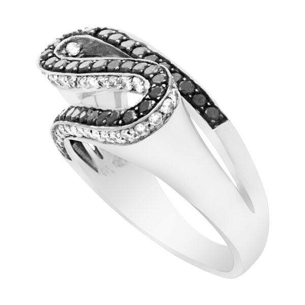 Waves of white and black diamonds ring in 18k white gold. Size 8