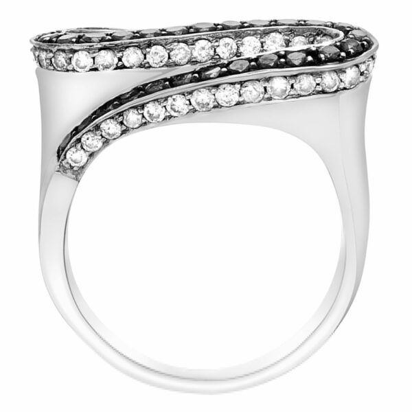 Waves of white and black diamonds ring in 18k white gold. Size 8