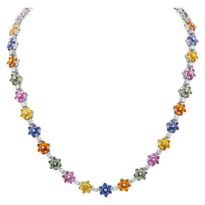 Multi-color Sapphire flower necklace in 18k white gold, 23.04 carats in sapphires 2.49 cts diamonds