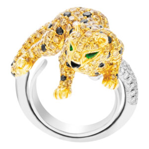 Spotted Leopard ring with white, champagne and black diamonds