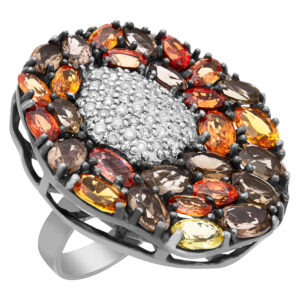 Multi colored golden topaz flower ring w/ center cluster of pave diamonds. 1.05cts