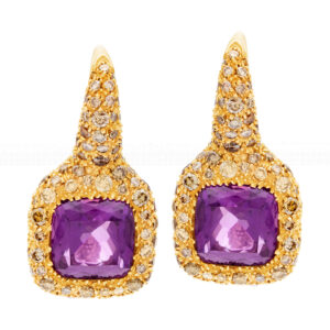 18k yellow gold earrings with diamonds and center amethyst