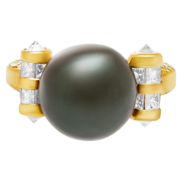 South Sea Pearl ring with diamond accents in 18k. 12.2 mm Pearl. 1.60 carats