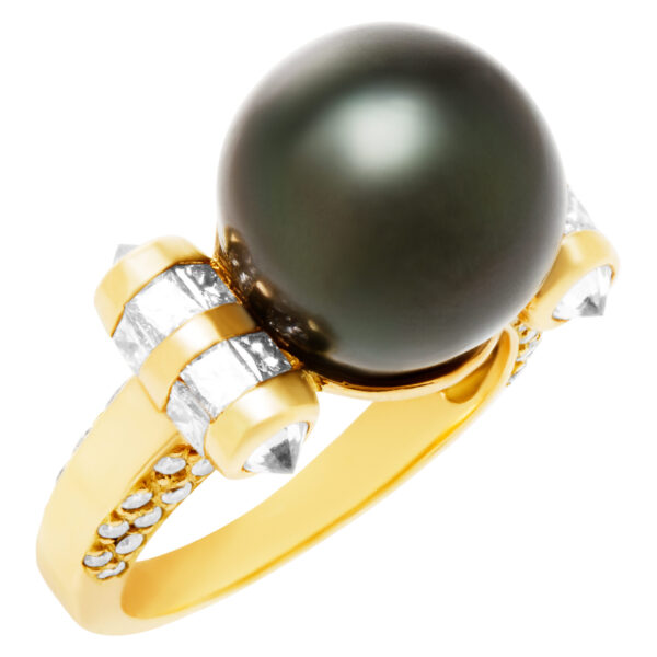 South Sea Pearl ring with diamond accents in 18k. 12.2 mm Pearl. 1.60 carats