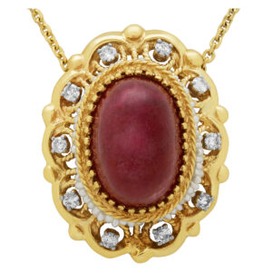 Ruby, Diamond & Pearl pendant in 14k yellow gold on14k chain