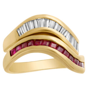 Charming set of swirl diamond and ruby rings in 18k yellow gold. Size 5