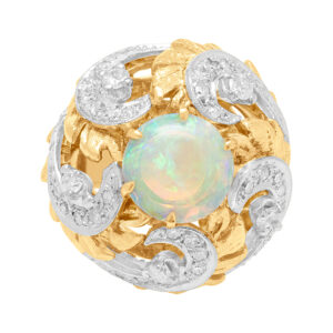 Opal ring in 14k leaf & diamond swirl design setting. 0.75cts in diamonds. Size 7