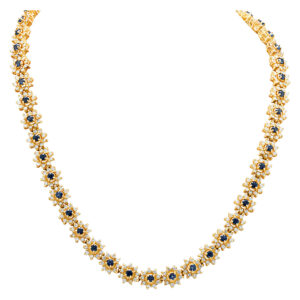 Flowers of Diamonds and Sapphires necklace in 14K yellow gold