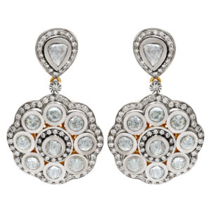 Rose cut diamond flower drop earrings in gold with silver top, 6.50 cts