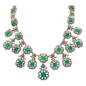 Emerald & rose cut diamond bib necklace in 14k with silver top, 21.24 cts in diamonds & 33.37 cts  in emeralds