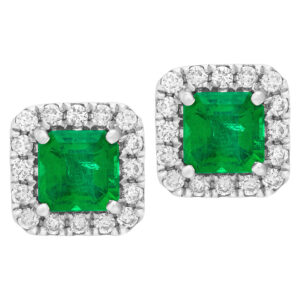 Emerald and Diamond square shaped earrings in 18K white gold