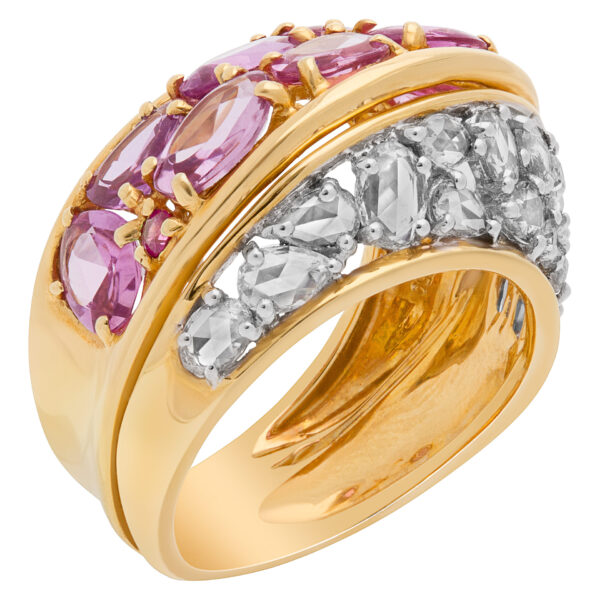 Pink Sapphire (4.32cts) and Diamond (0.98cts) ring in 18k yellow gold. Size 7.