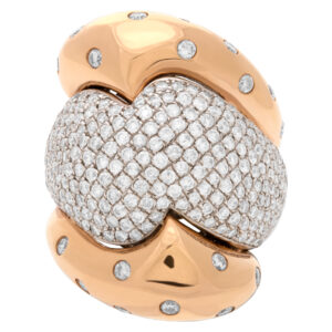 Puffed pave diamond ring in 18k white & pink gold set with 3.04 carats. Size 7