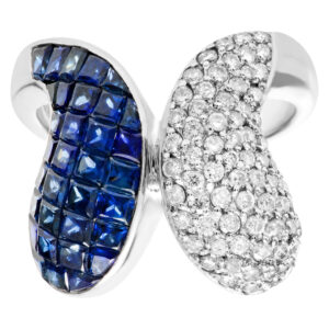 Diamond and sapphire swirl ring in 18k white gold, 1.05 cts in diamonds & 6.60 cts in sapphires