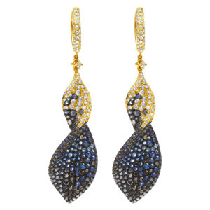 Twisted earrings with black diamonds, blue sapphires & white diamonds in 18k