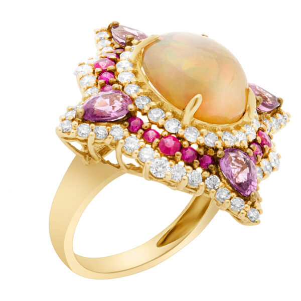 Opal, ruby & sapphire ring in 18k, 1.46 cts in diamonds, 0.75 cts in rubies & 2.02 cts sapphires