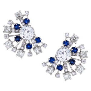 GIA certified cushion brilliant diamonds and fan sapphire earrings in platinum.