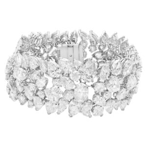 Diamond cluster bracelet in platinum with 100 carats in pear, oval, round & heart shape diamonds