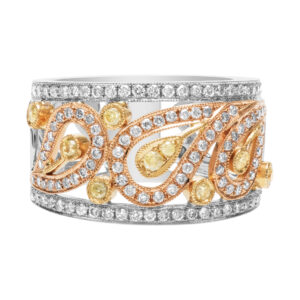 Diamond band with white and yellow diamonds in 18k yellow, white and pink gold