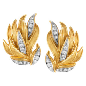 Leaf design earrings in 18k yellow and white gold with diamonds