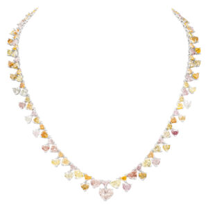 Fancy diamond necklace in platinum with 125 fancy colored heart shaped diamonds. 12 GIA certs