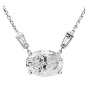 Oval cut 6.03 carat (H-I,I3) diamond pendant with 2 tapered baguettes in 14k wg