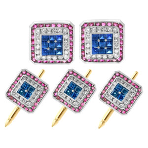 Beautiful Cufflinks And Stud Set In Platinum And 18k Yellow Gold With Diamonds Sapphires And Rubies